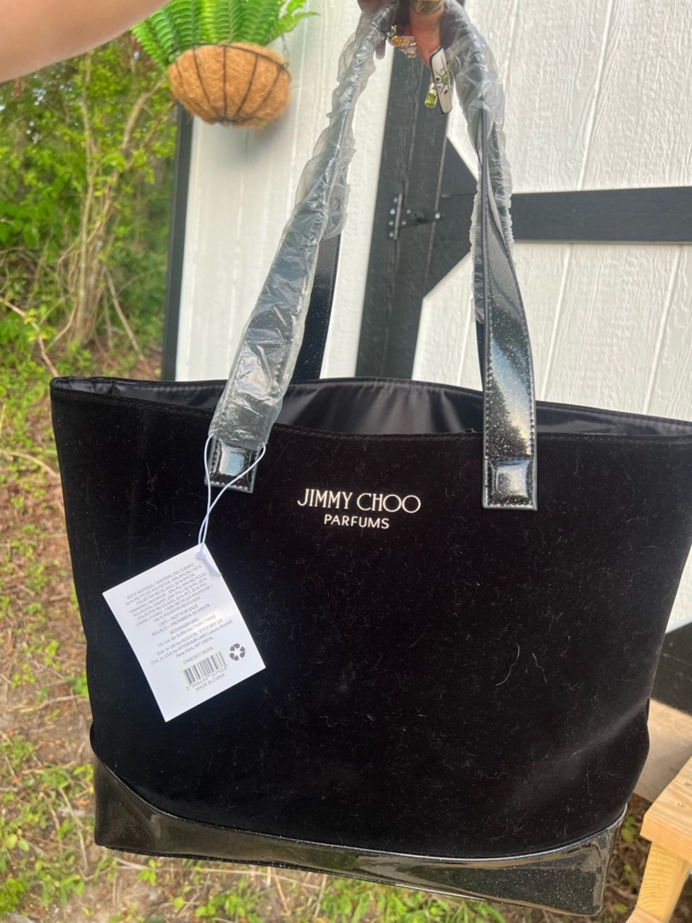 Jimmy Choo Black Velvet Parfums Tote with Patent Trim